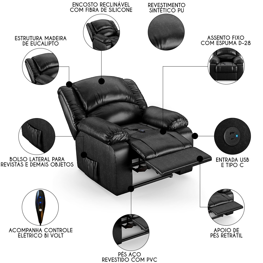 Poltrona do Papai Reclinável Pietra Controle Power Elétrico USB FH9 PU Preto Brilho - Mpozenato