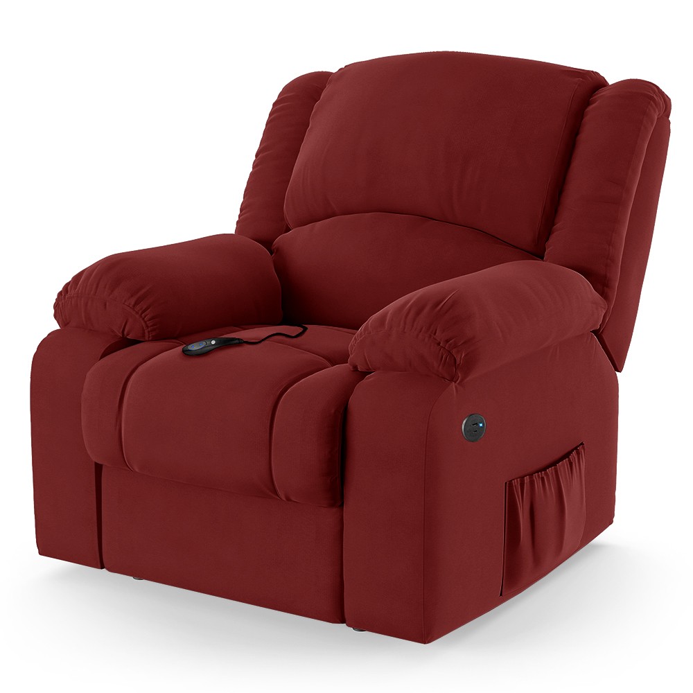 Poltrona do Papai Reclinável Pietra Controle Power Elétrico USB FH9 Veludo Vermelho - Mpozenato