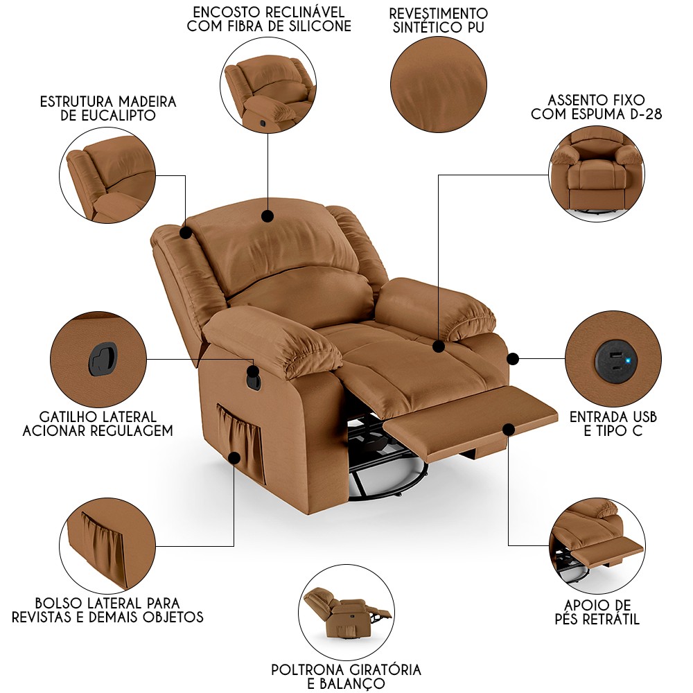 Poltrona do Papai Reclinável Pietra Glider Giratória USB FH9 PU Caramelo - Mpozenato