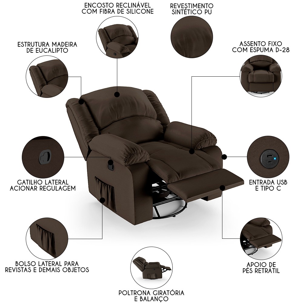 Poltrona do Papai Reclinável Pietra Glider Giratória USB FH9 PU Marrom - Mpozenato