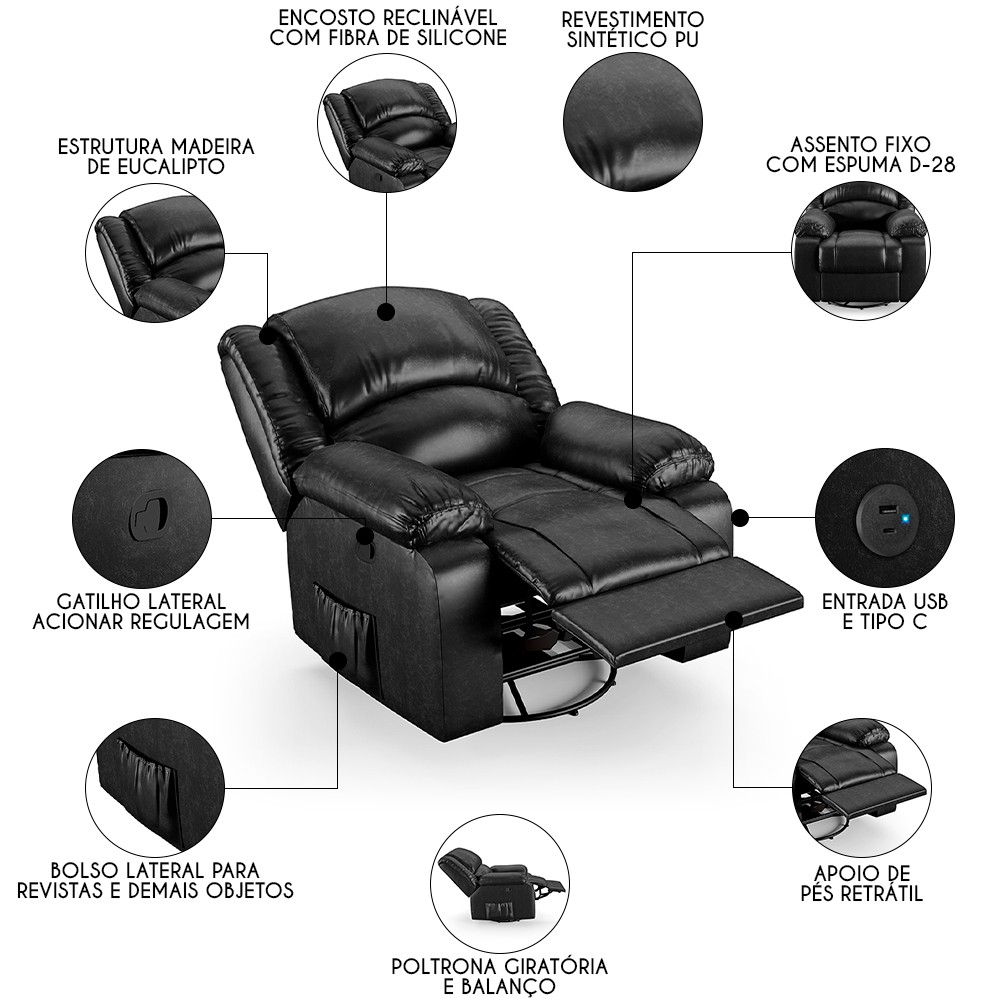 Poltrona do Papai Reclinável Pietra Glider Giratória USB FH9 PU Preto Brilho - Mpozenato