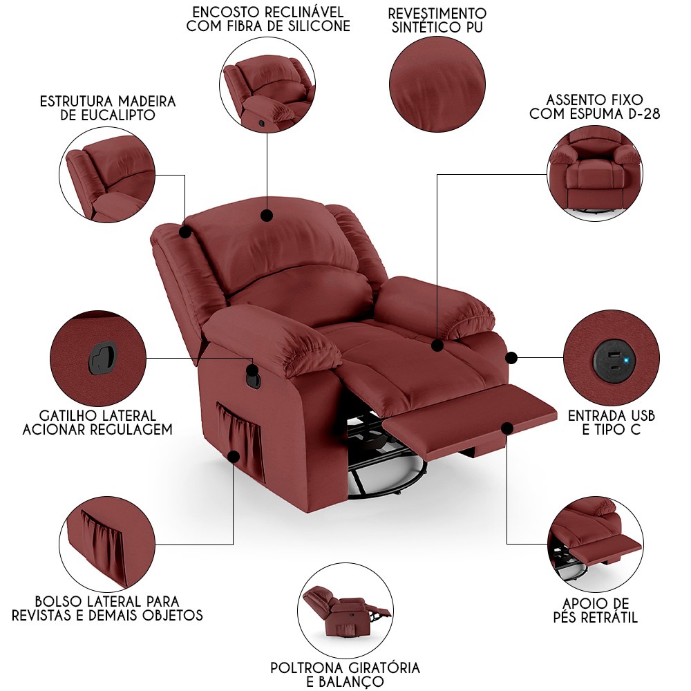 Poltrona do Papai Reclinável Pietra Glider Giratória USB FH9 PU Vermelho - Mpozenato