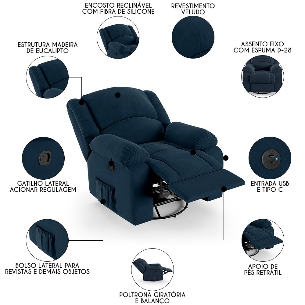 Poltrona do Papai Reclinável Pietra Glider Giratória USB FH9 Veludo Azul - Mpozenato