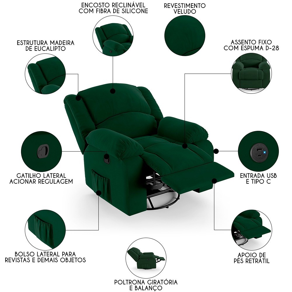 Poltrona do Papai Reclinável Pietra Glider Giratória USB FH9 Veludo Verde - Mpozenato
