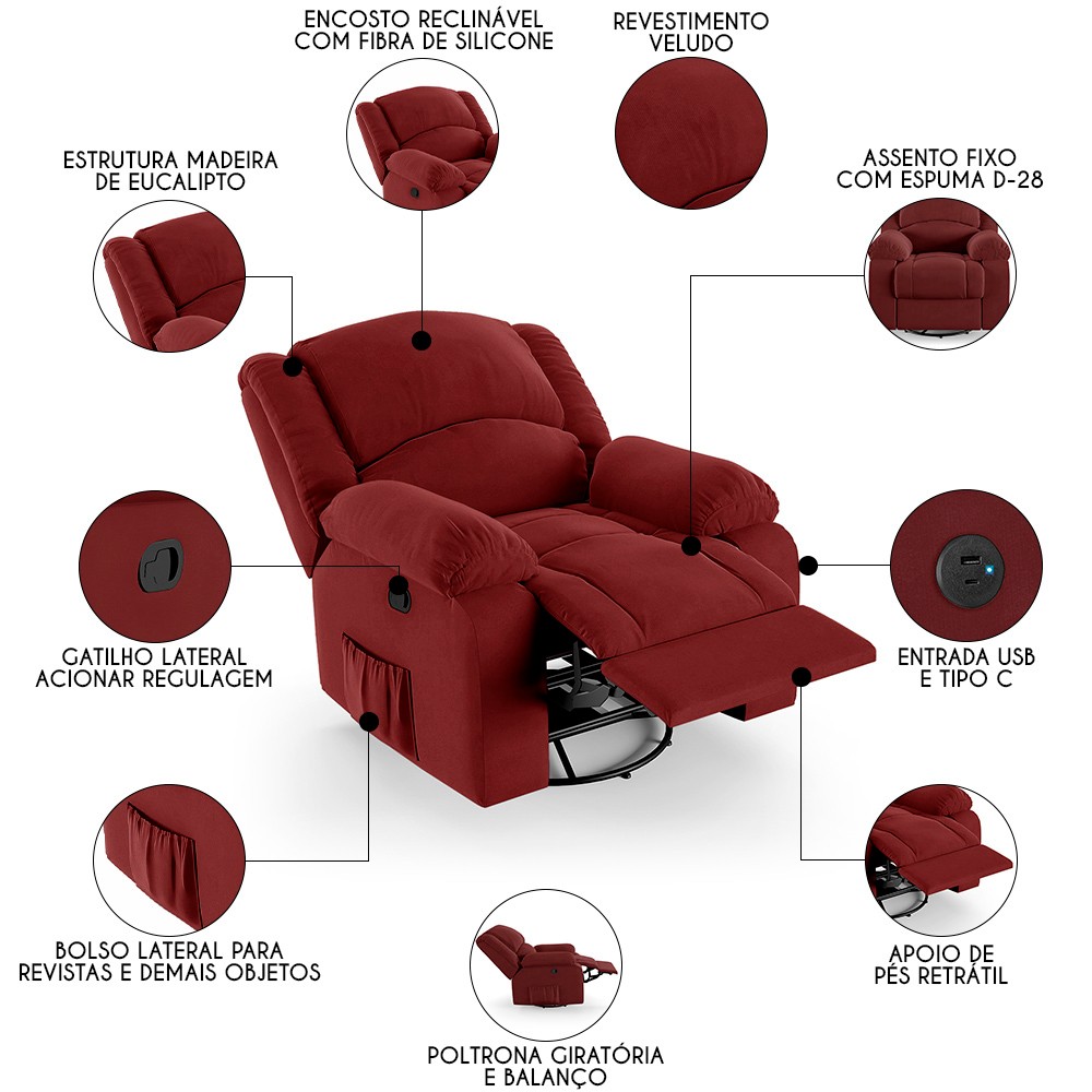 Poltrona do Papai Reclinável Pietra Glider Giratória USB FH9 Veludo Vermelho - Mpozenato