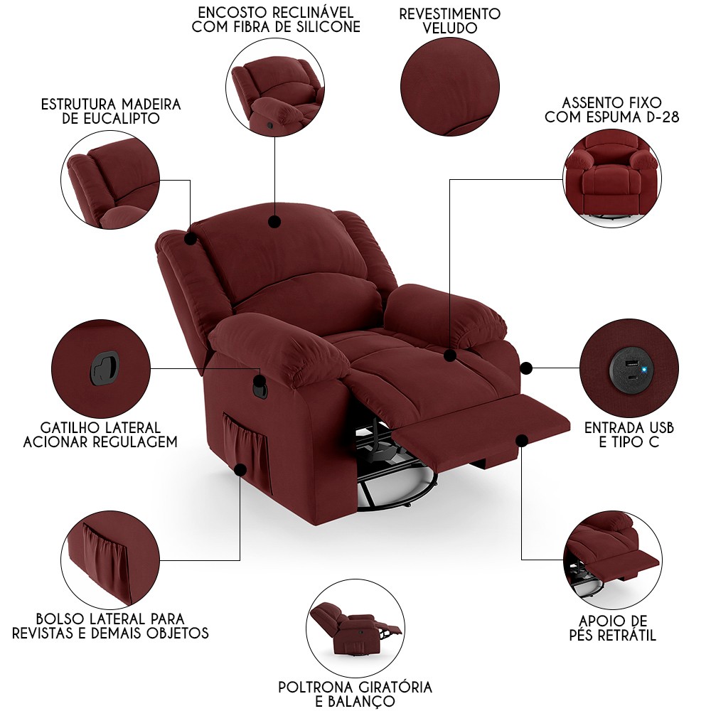 Poltrona do Papai Reclinável Pietra Glider Giratória USB FH9 Veludo Vinho - Mpozenato