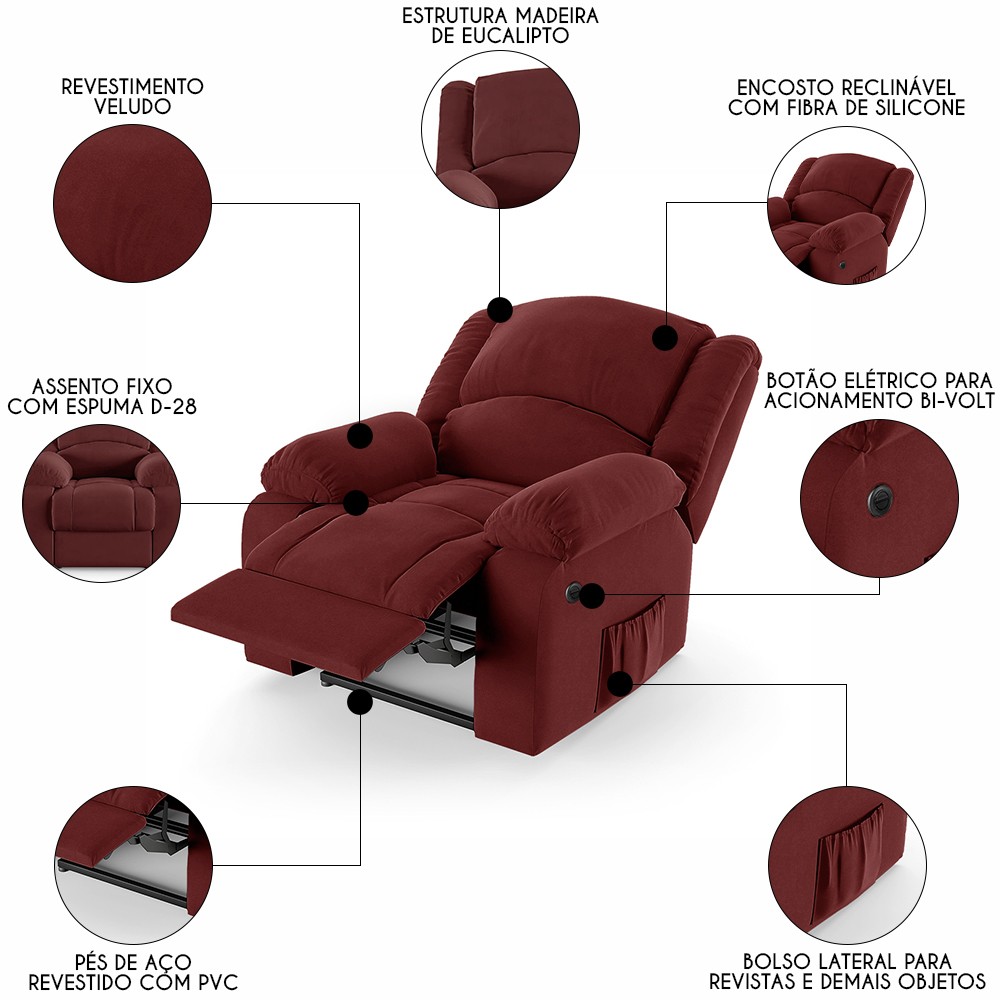 Poltrona do Papai Reclinável Pietra Power Elétrica FH9 Veludo Vermelho - Mpozenato