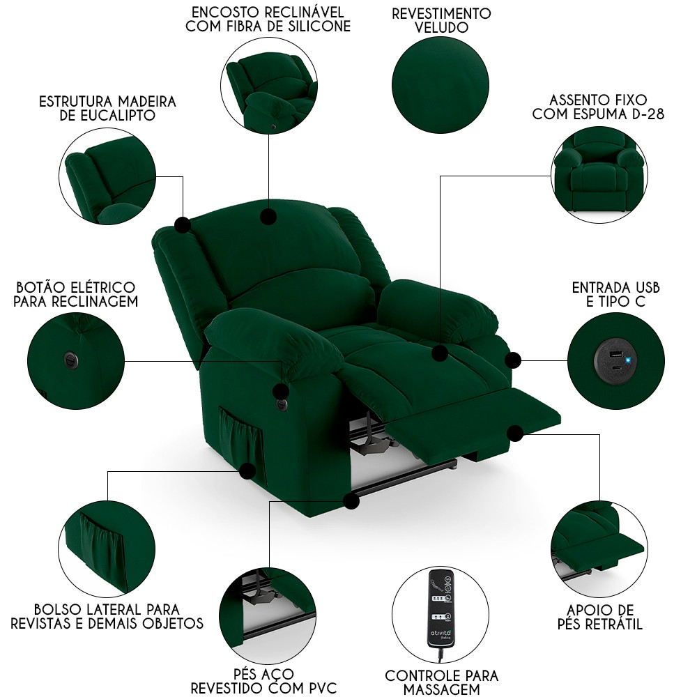 Poltrona do Papai Reclinável Pietra Power Elétrica Massagem FH9 Veludo Verde - Mpozenato