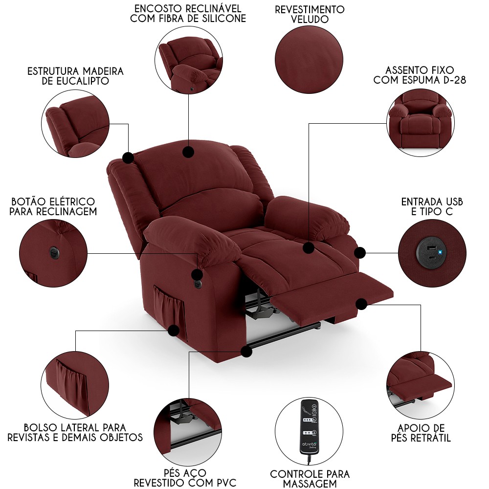 Poltrona do Papai Reclinável Pietra Power Elétrica Massagem FH9 Veludo Vinho - Mpozenato