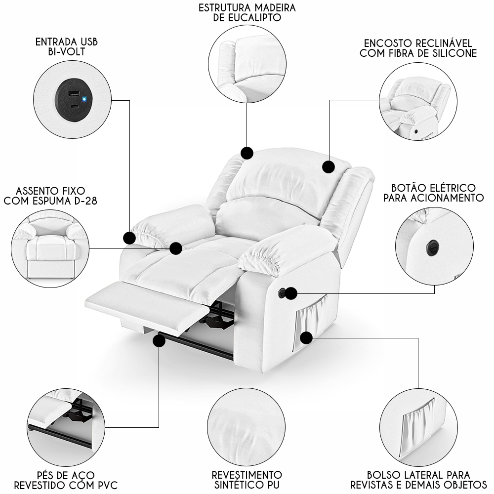 Poltrona do Papai Reclinável Pietra Power Elétrica USB FH9 PU Branco - Mpozenato