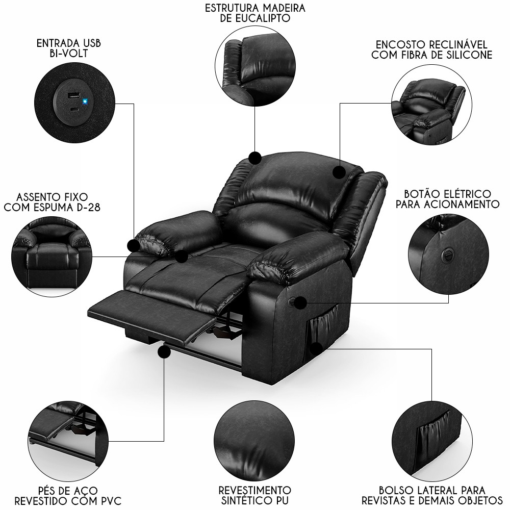 Poltrona do Papai Reclinável Pietra Power Elétrica USB FH9 PU Preto Brilho - Mpozenato