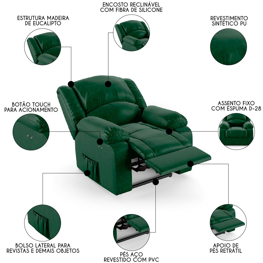 Poltrona do Papai Reclinável Pietra Power Touch FH9 PU Verde Musgo - Mpozenato
