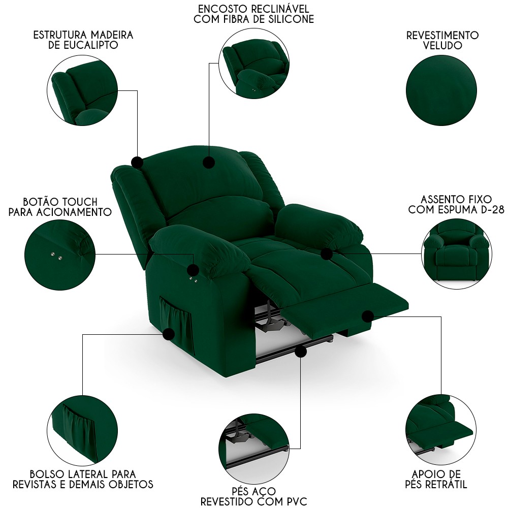 Poltrona do Papai Reclinável Pietra Power Touch FH9 Veludo Verde - Mpozenato