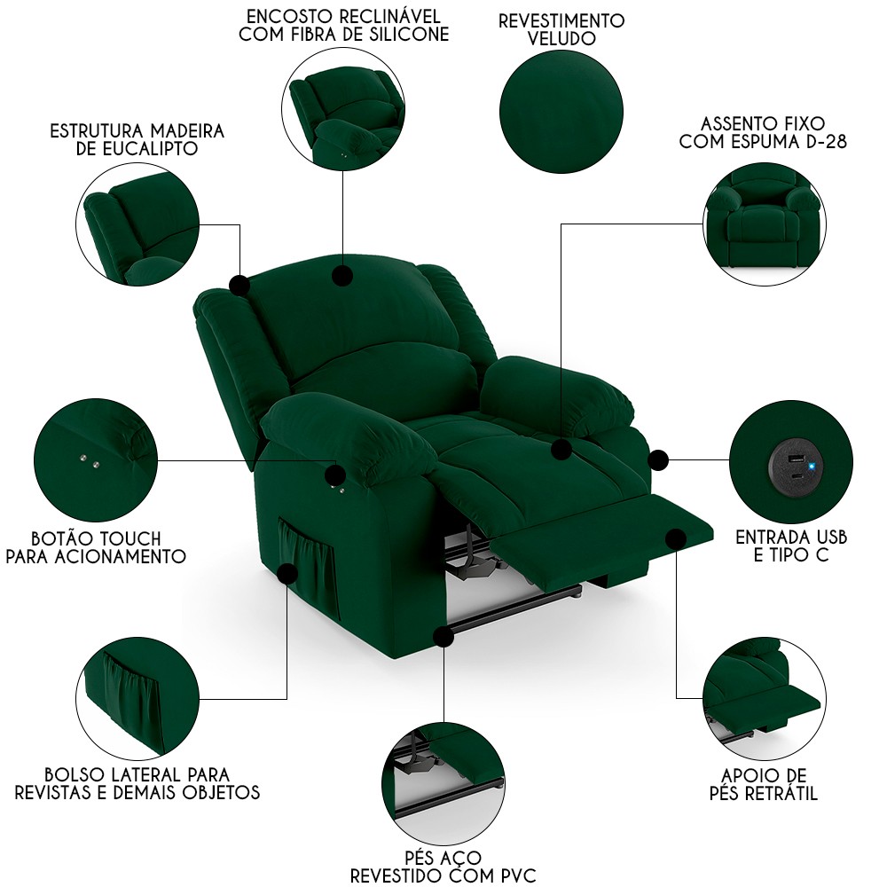 Poltrona do Papai Reclinável Pietra Power Touch USB FH9 Veludo Verde - Mpozenato