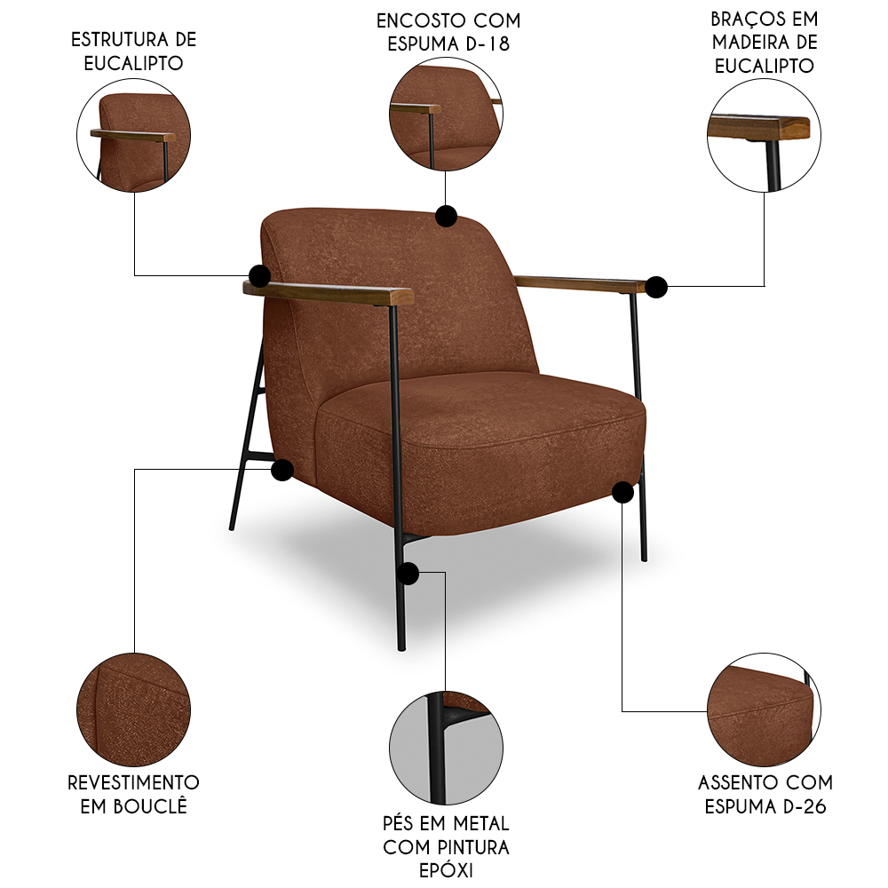 Poltrona para Sala Pés Metálicos Ellen S06 Boucle Terracota - Mpozenato