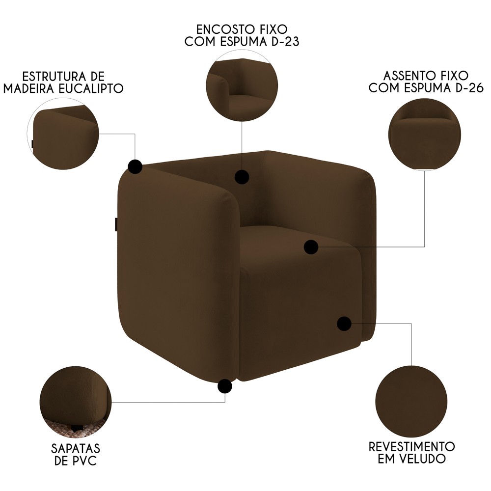Poltrona para Sala de Estar Decorativa Kit com 2 Maggie K04 Veludo Marrom - Mpozenato