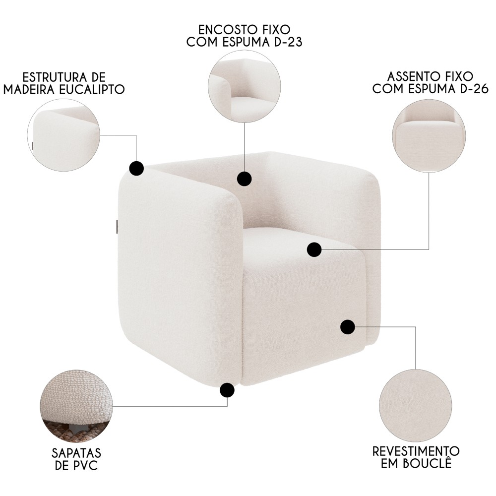 Poltrona para Sala de Estar Decorativa Quadrada Maggie K04 Bouclê Bege - Mpozenato