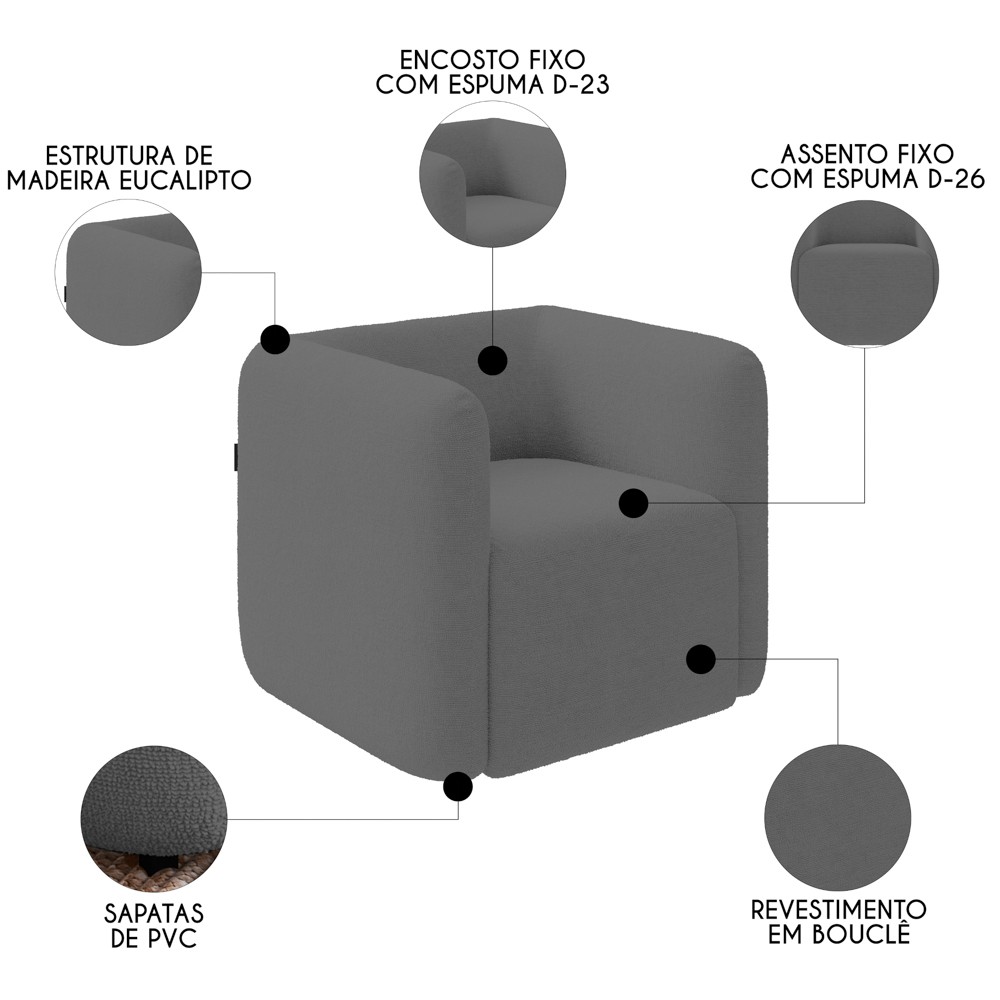 Poltrona para Sala de Estar Decorativa Quadrada Maggie K04 Bouclê Cinza - Mpozenato