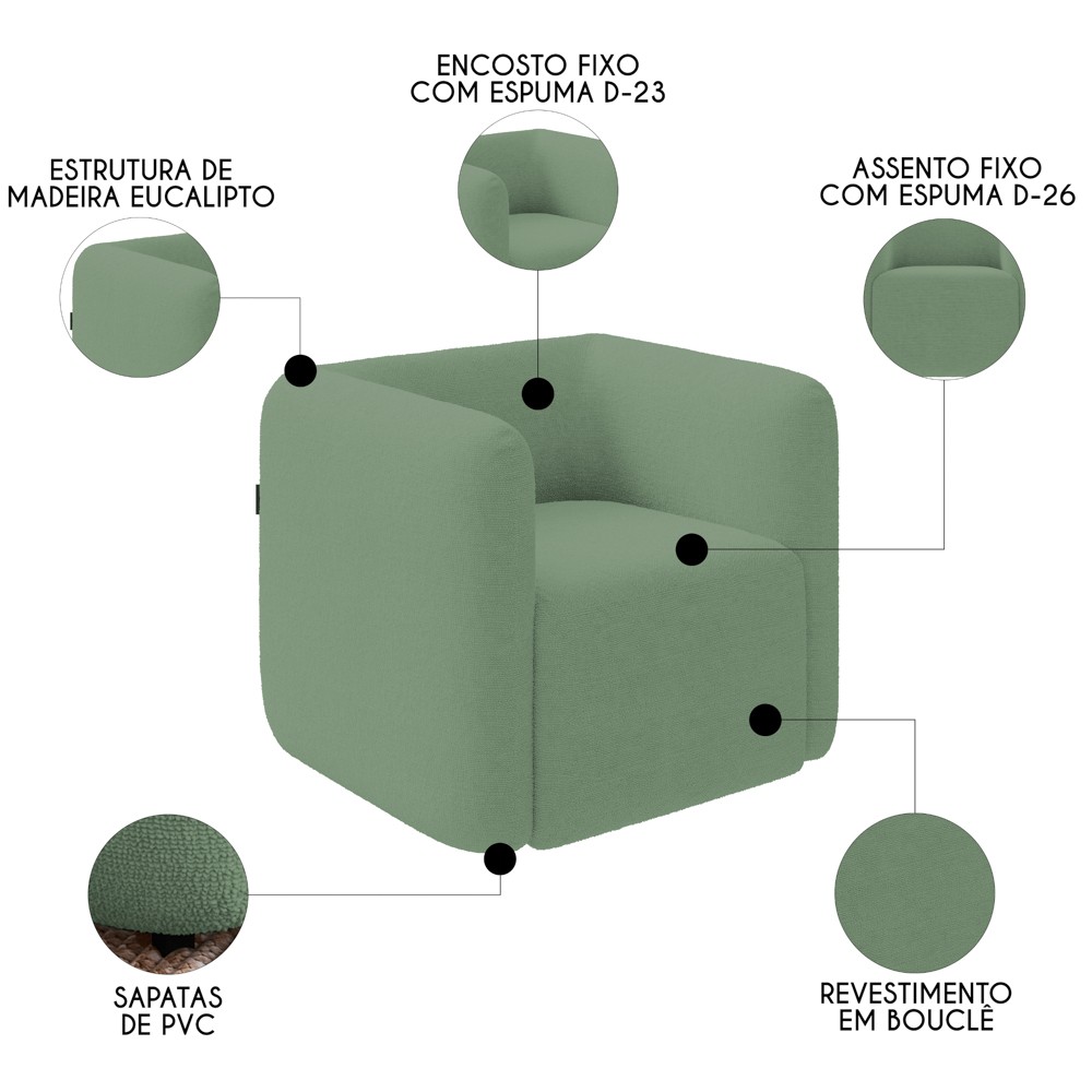 Poltrona para Sala de Estar Decorativa Quadrada Maggie K04 Bouclê Verde - Mpozenato