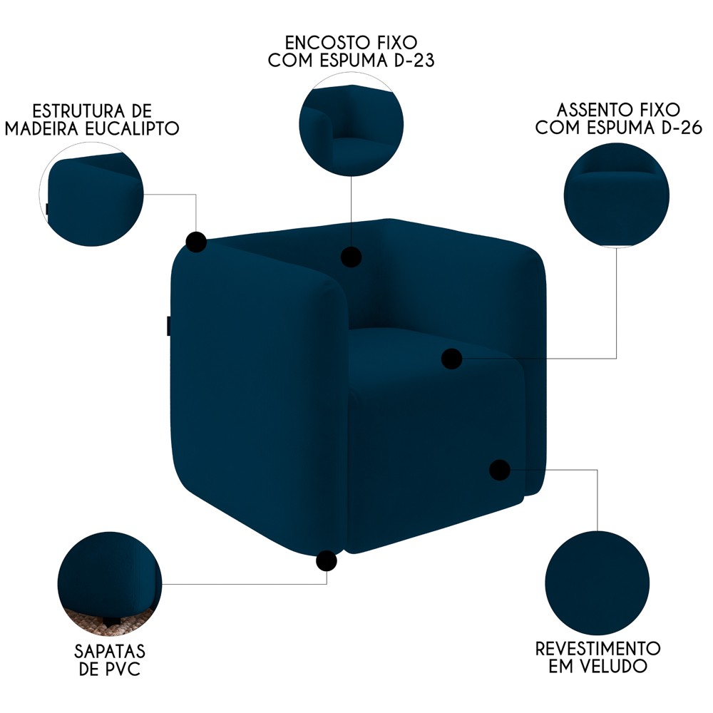Poltrona para Sala de Estar Decorativa Quadrada Maggie K04 Veludo Azul Marinho - Mpozenato