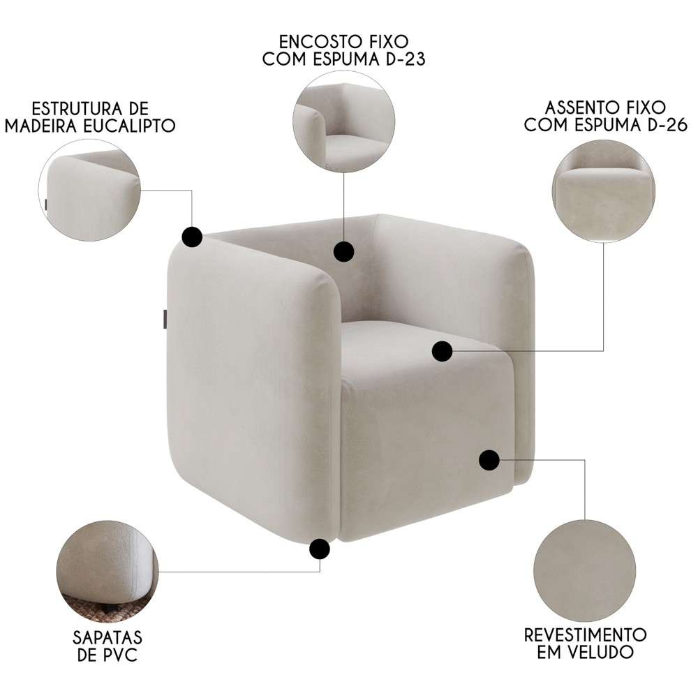 Poltrona para Sala de Estar Decorativa Quadrada Maggie K04 Veludo Bege - Mpozenato
