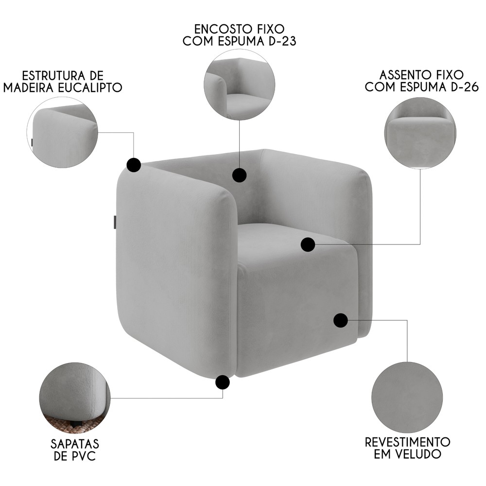 Poltrona para Sala de Estar Decorativa Quadrada Maggie K04 Veludo Cinza - Mpozenato