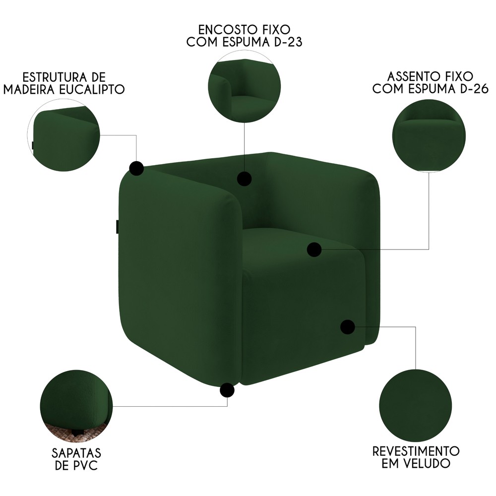 Poltrona para Sala de Estar Decorativa Quadrada Maggie K04 Veludo Verde - Mpozenato