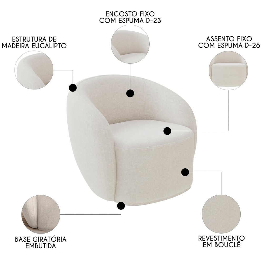 Poltrona para Sala de Estar Orgânica Kit com 2 Garbin K04 Bouclê Bege - Mpozenato