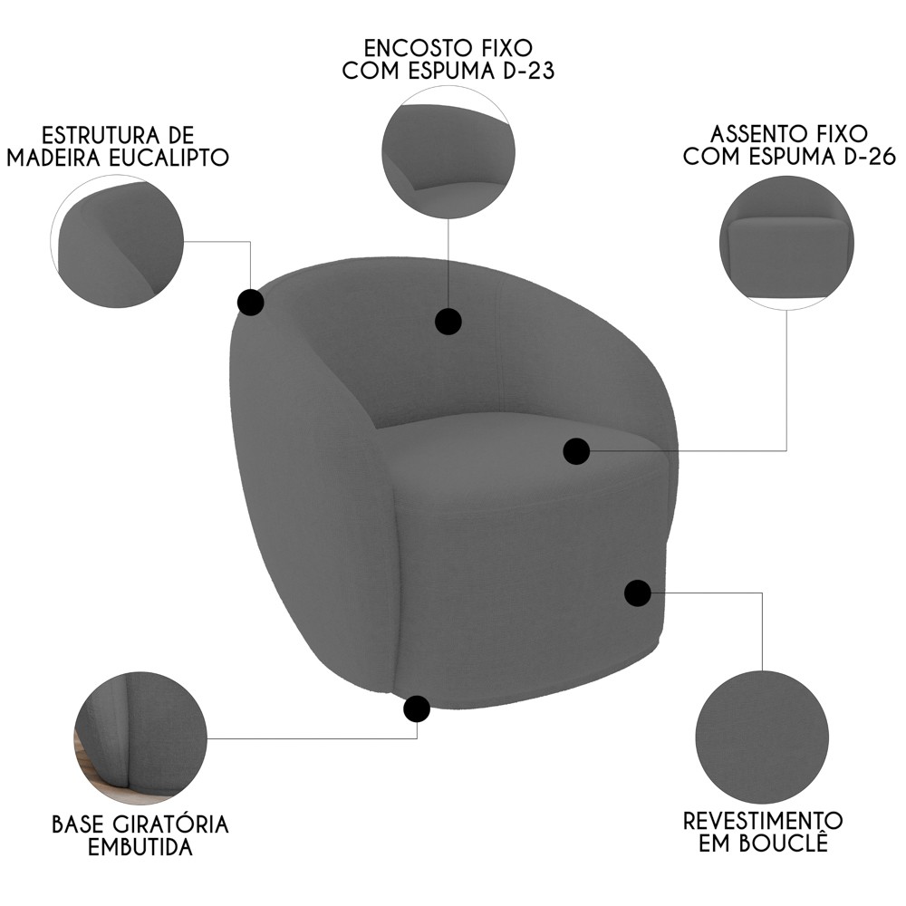 Poltrona para Sala de Estar Orgânica Kit com 2 Garbin K04 Bouclê Cinza - Mpozenato