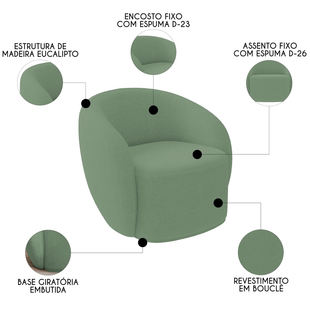 Poltrona para Sala de Estar Orgânica Kit com 2 Garbin K04 Boucle Verde - Mpozenato