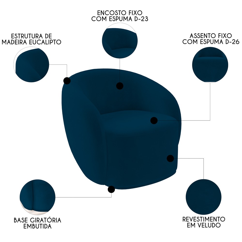 Poltrona para Sala de Estar Orgânica Kit com 2 Garbin K04 Veludo Azul Marinho - Mpozenato
