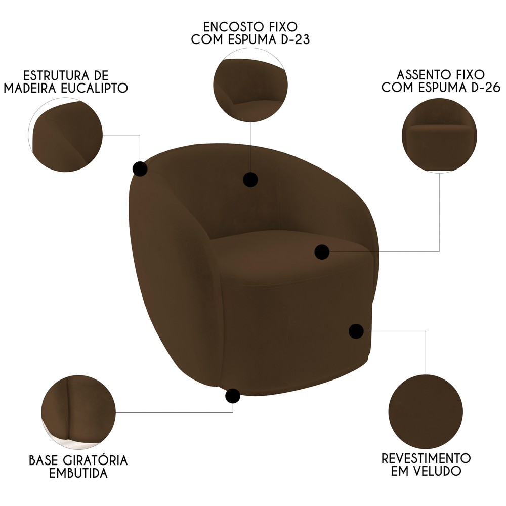Poltrona para Sala de Estar Orgânica Kit com 2 Garbin K04 Veludo Marrom - Mpozenato