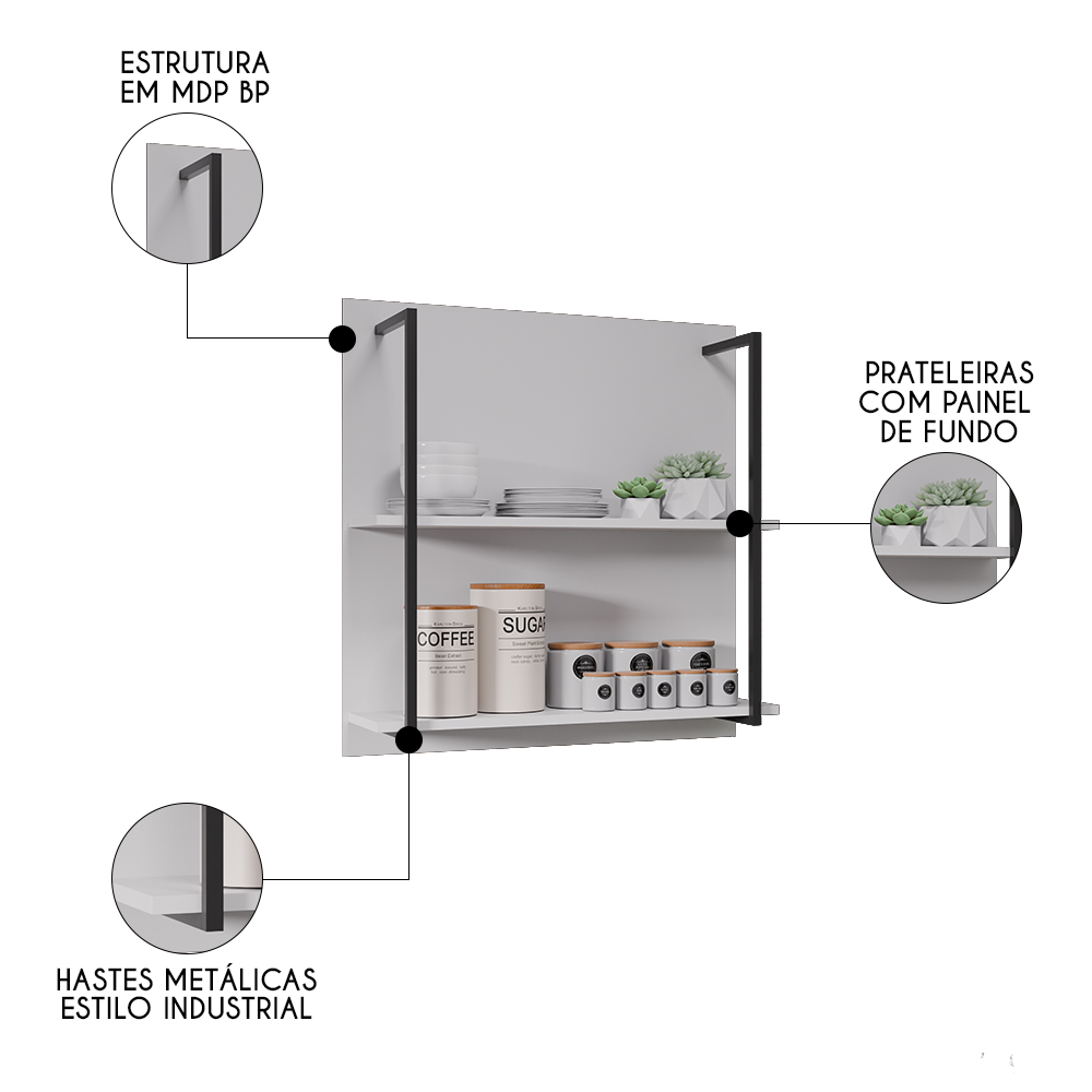 Prateleira Industrial Cozinha Dupla com Painel Flora M24 Branco - Mpozenato