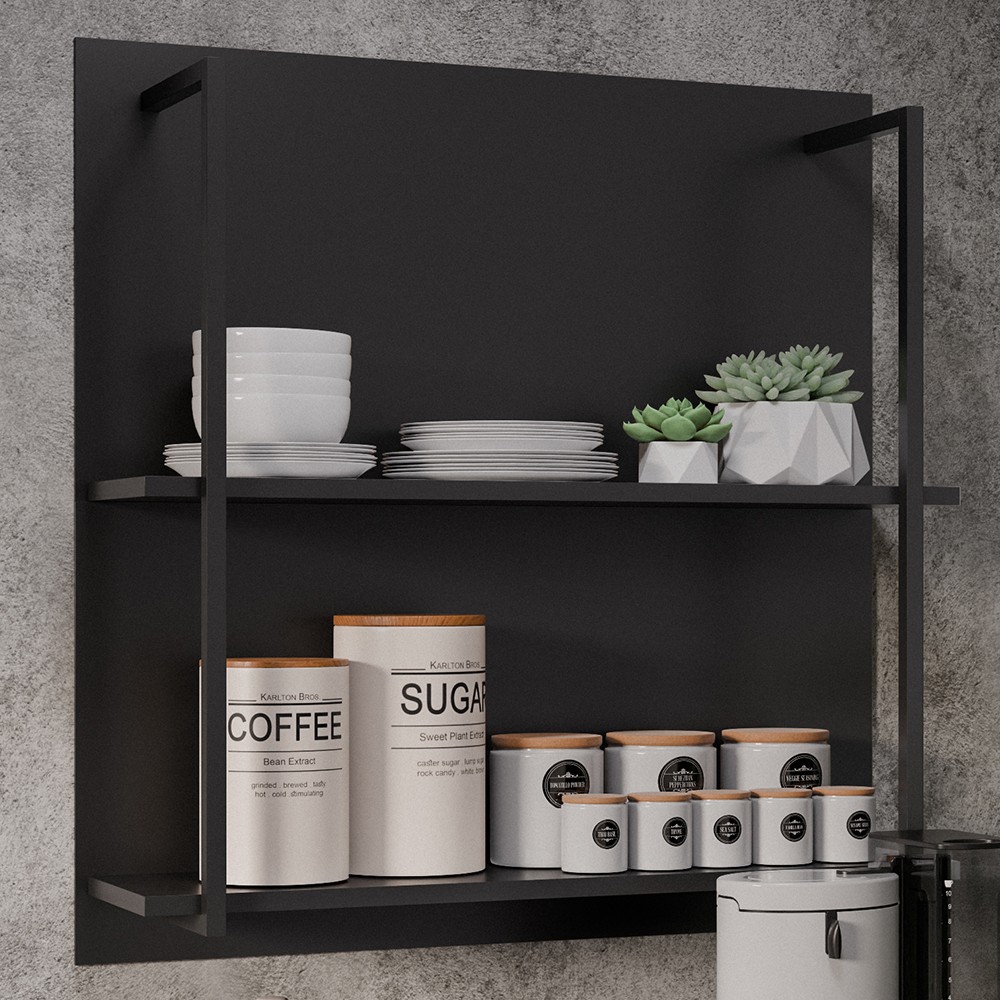 Prateleira Industrial Cozinha Dupla com Painel Flora M24 Preto - Mpozenato