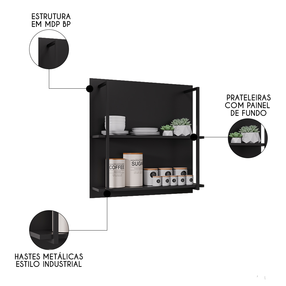 Prateleira Industrial Cozinha Dupla com Painel Flora M24 Preto - Mpozenato