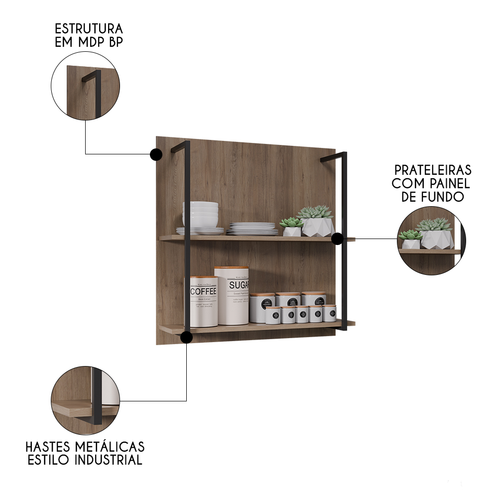 Prateleira Industrial Cozinha Dupla com Painel Flora Z34 Freijó - Mpozenato