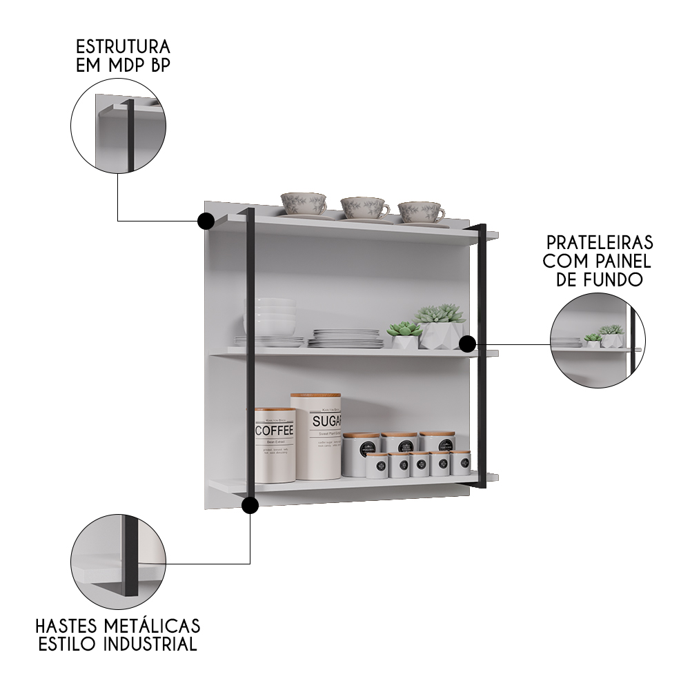 Prateleira Industrial Cozinha Tripla com Painel Flora M24 Branco - Mpozenato