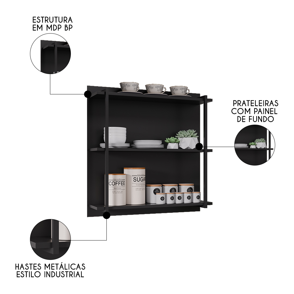 Prateleira Industrial Cozinha Tripla com Painel Flora M24 Preto - Mpozenato