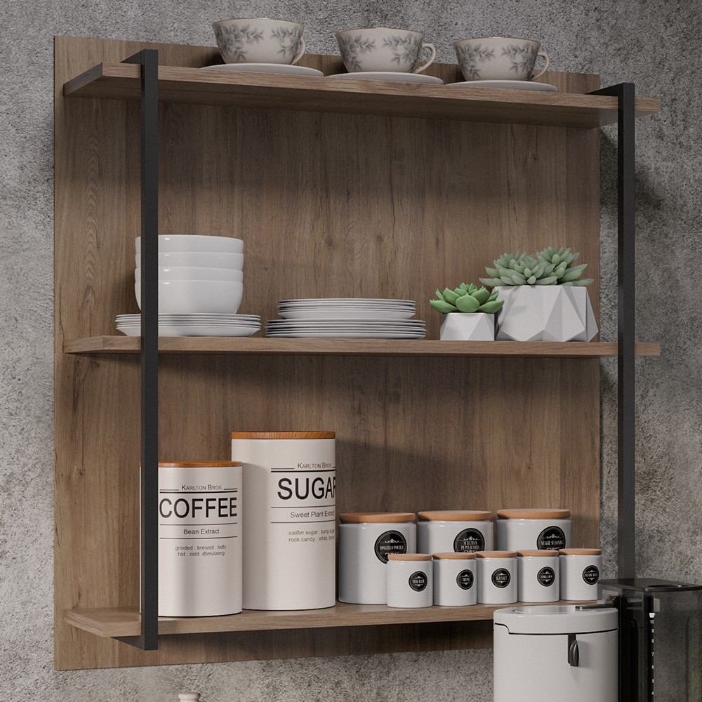 Prateleira Industrial Cozinha Tripla com Painel Flora Z34 Freijó - Mpozenato
