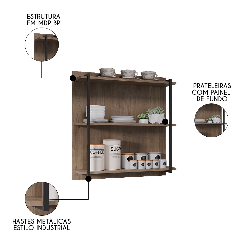 Prateleira Industrial Cozinha Tripla com Painel Flora Z34 Freijó - Mpozenato