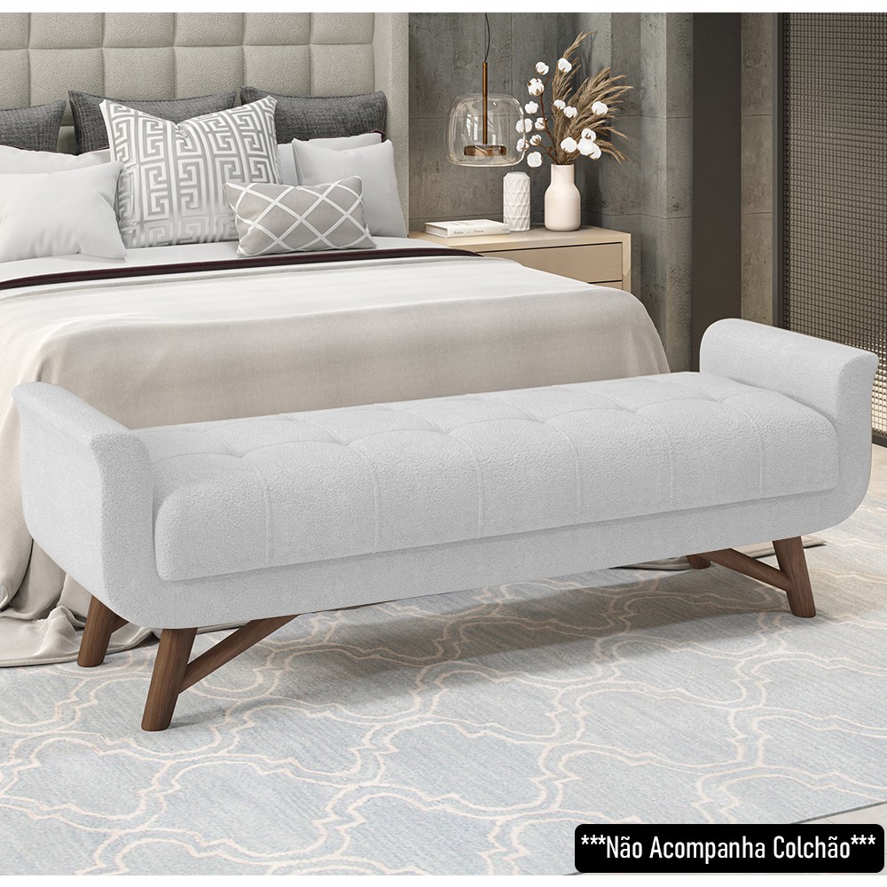 Puff Recamier Calçadeira 140cm Base Madeira Neville P02 Bouclé Branco - Mpozenato