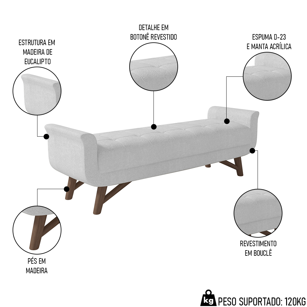 Puff Recamier Calçadeira 140cm Base Madeira Neville P02 Bouclé Branco - Mpozenato
