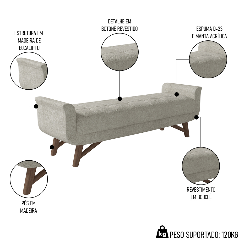 Puff Recamier Calçadeira 140cm Base Madeira Neville P02 Bouclé Cru - Mpozenato