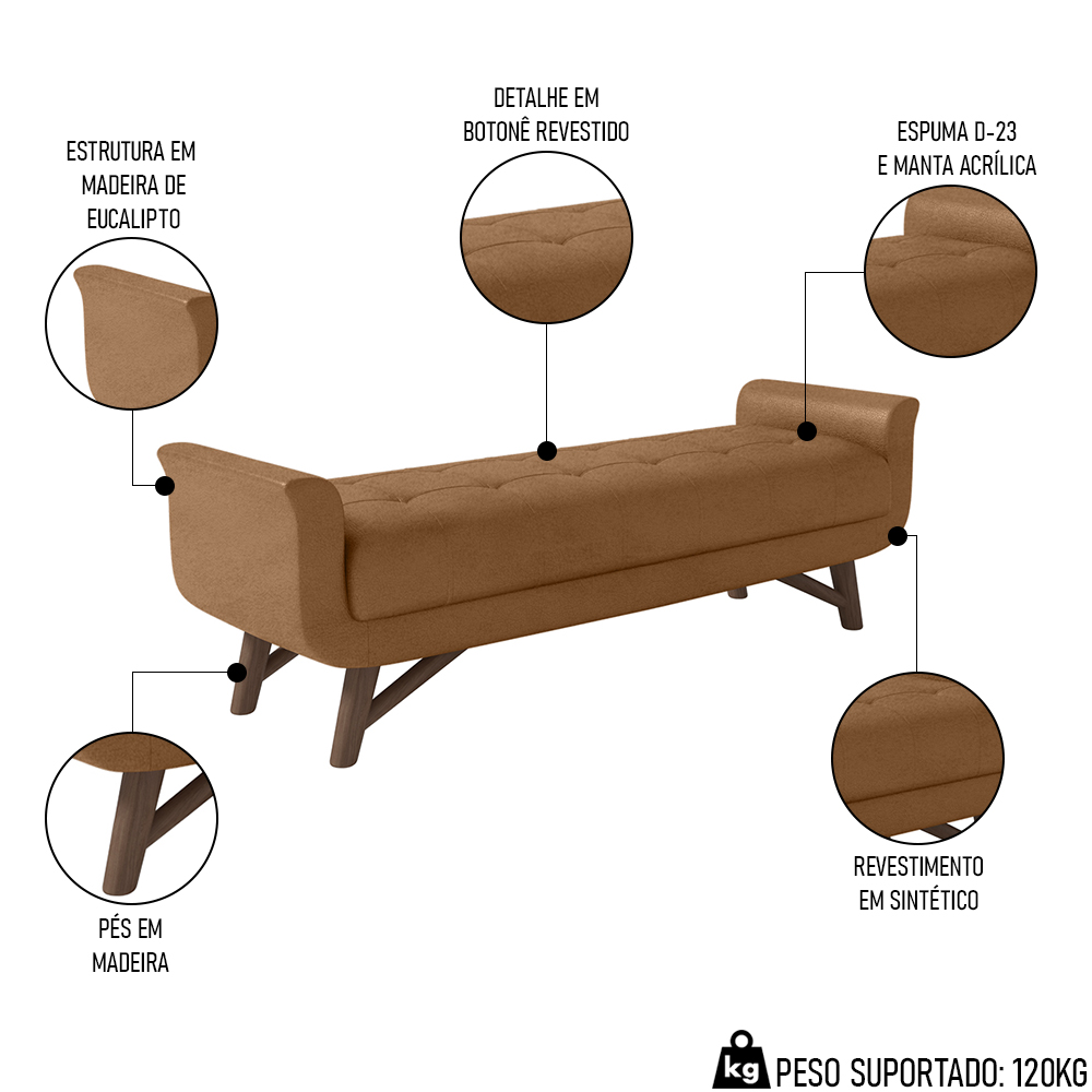 Puff Recamier Calçadeira 140cm Base Madeira Neville P02 Sintético Caramelo - Mpozenato