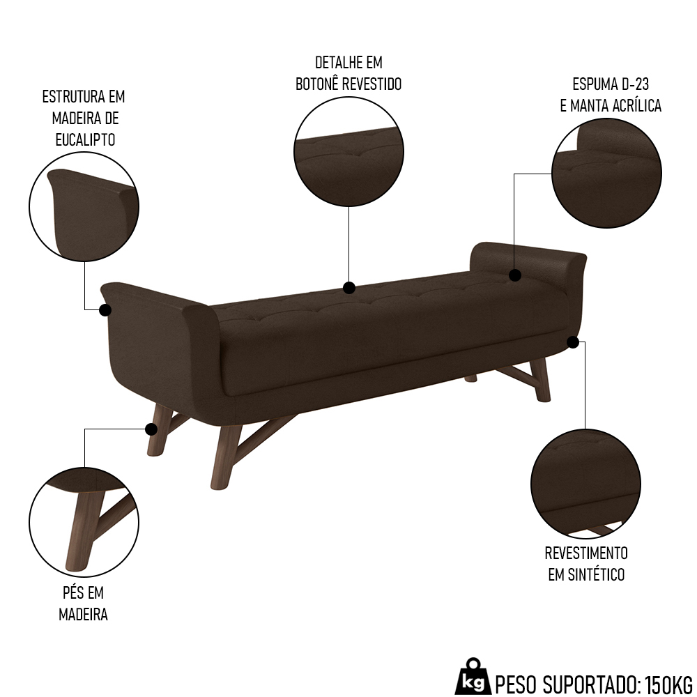 Puff Recamier Calçadeira 160cm Base Madeira Neville P02 Sintético Marrom - Mpozenato