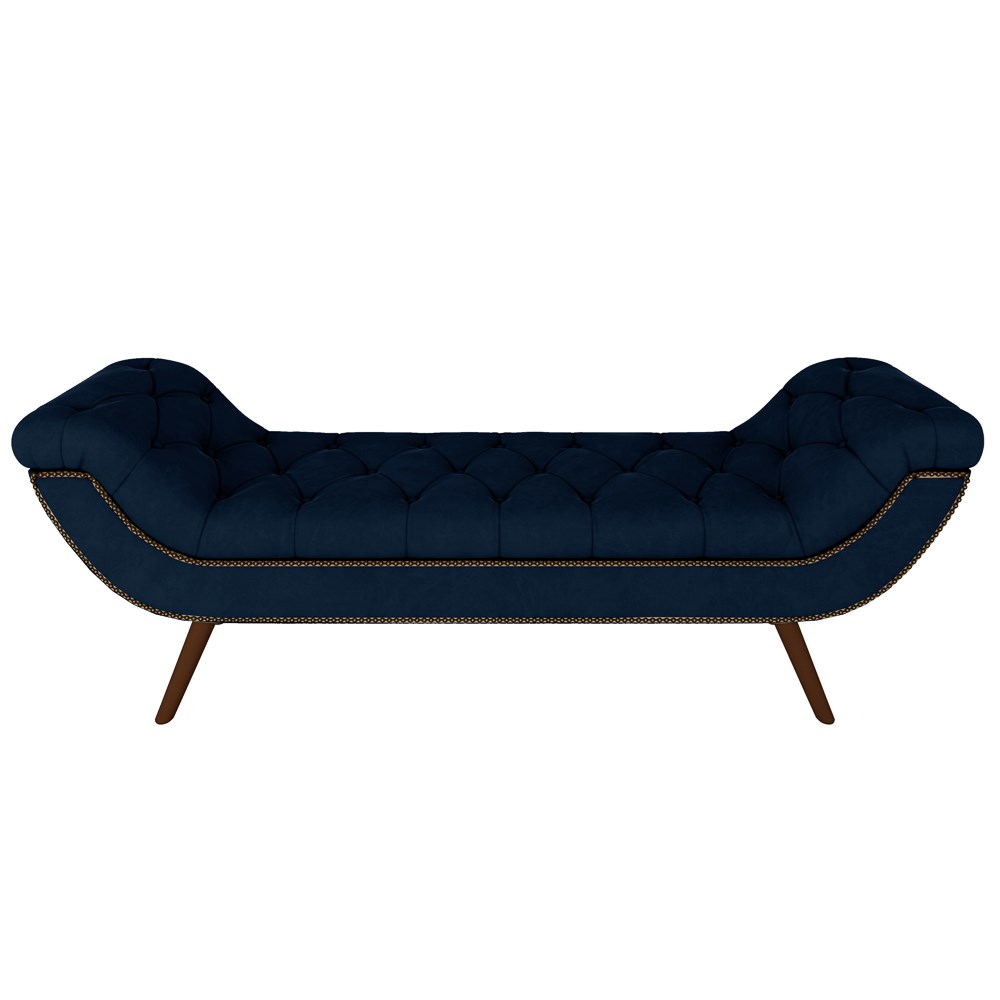 Puff Recamier Calçadeira 160cm Pés Palito Madeira Vêneto Z37 Veludo Azul Marinho - Mpozenato