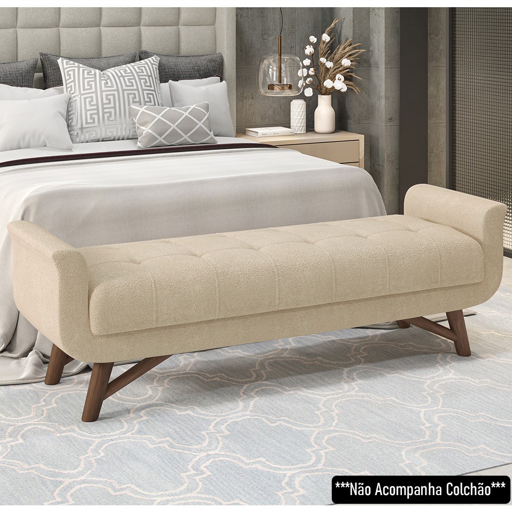 Puff Recamier Calçadeira 195cm Base Madeira Neville P02 Bouclé Bege - Mpozenato