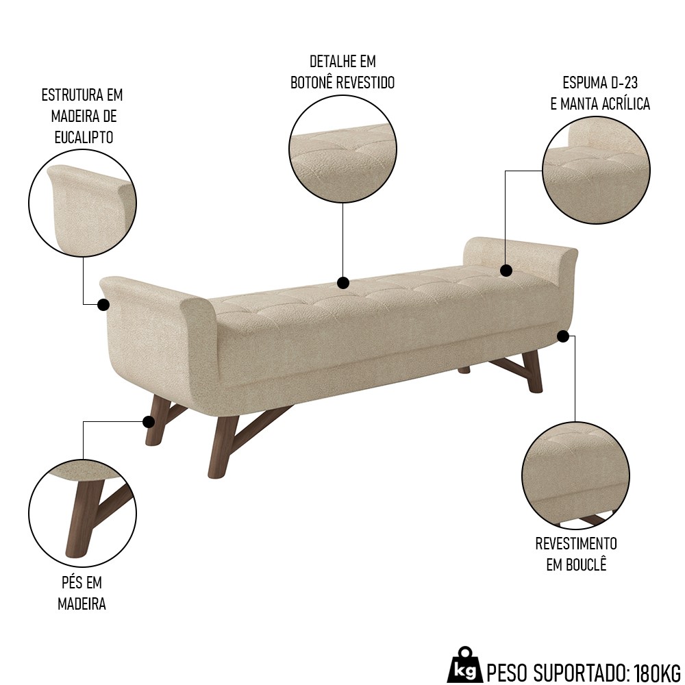 Puff Recamier Calçadeira 195cm Base Madeira Neville P02 Bouclé Bege - Mpozenato