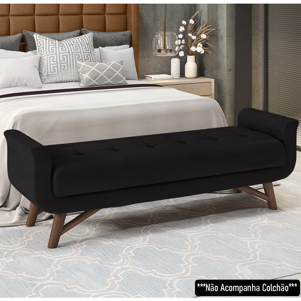 Puff Recamier Calçadeira 195cm Base Madeira Neville P02 Sintético Preto - Mpozenato