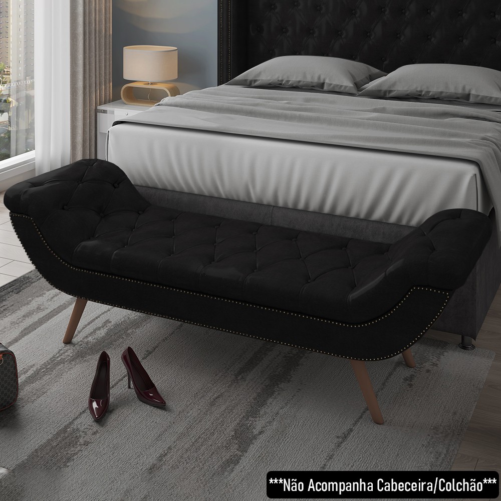 Puff Recamier Calçadeira 195cm Pés Palito Madeira Venêto P02 Sintético Preto - Mpozenato